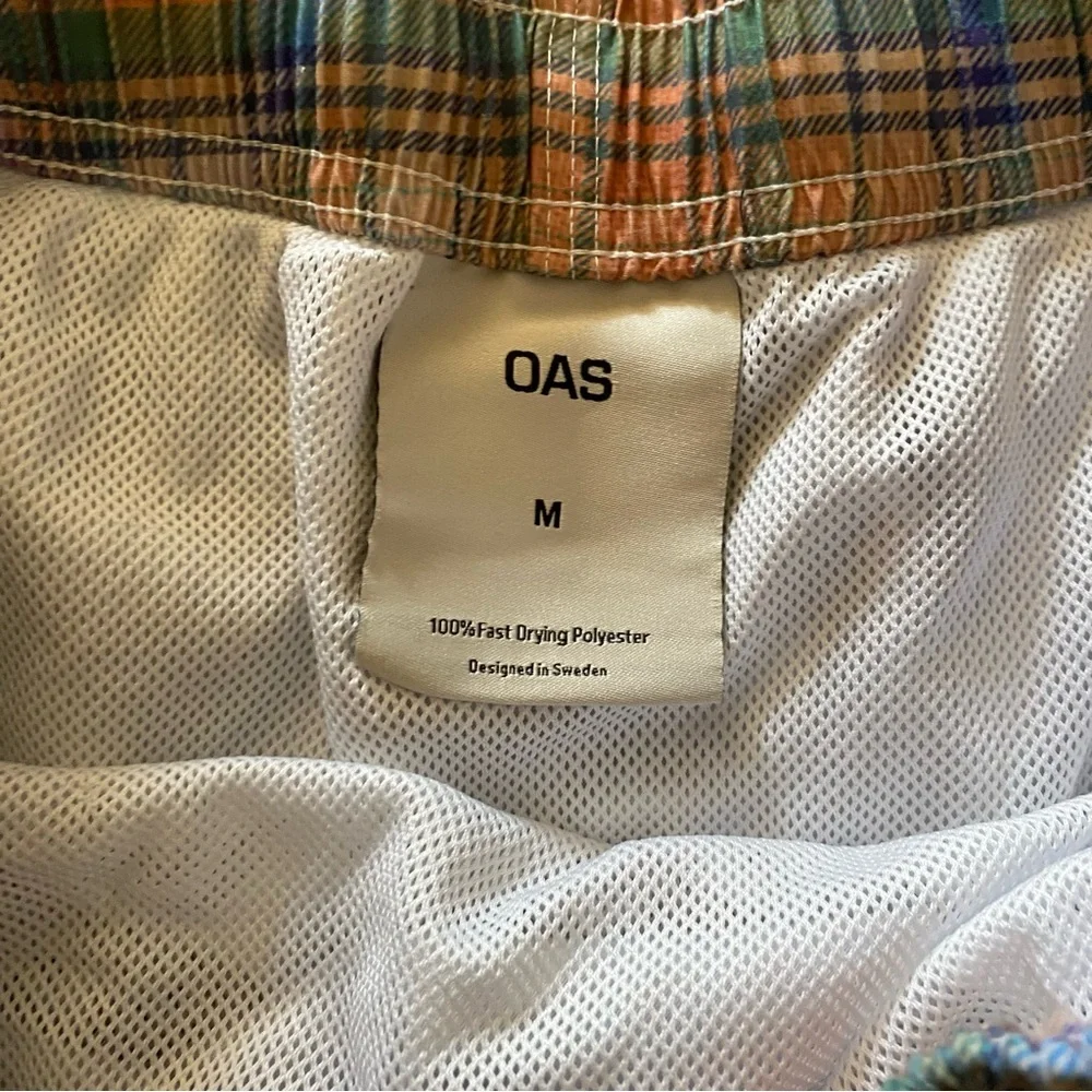OAS TARTAN TIE DYED 4’ inch swim trunks pockets elastic drawstring waist M